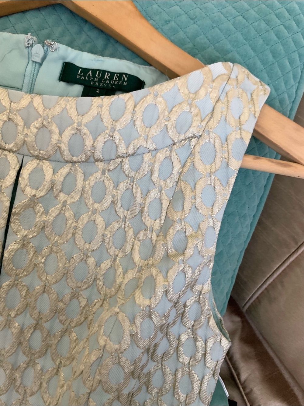 Ralph Lauren Mint Green Metallic Gold Embroidered Fit & Flare Cocktail Dress - Picture 5 of 11